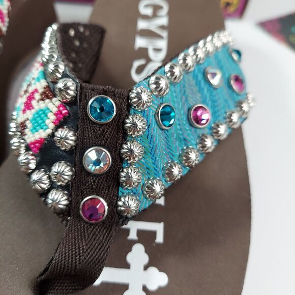 New Gypsy Soule Flip Flop Sandals Swarovski Crystals Sz 10 Brown Blue Aztec Box - Picture 10 of 16